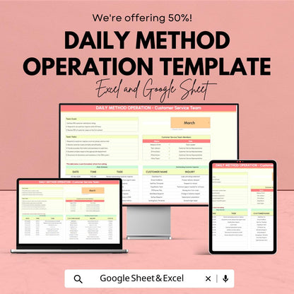 Daily Method Operation Template, Daily Operations Planner, Task and Schedule Tracker, Team Workflow Sheet, Excel & Google Sheets