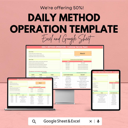 Daily Method Operation Template, Daily Operations Planner, Task and Schedule Tracker, Team Workflow Sheet, Excel & Google Sheets