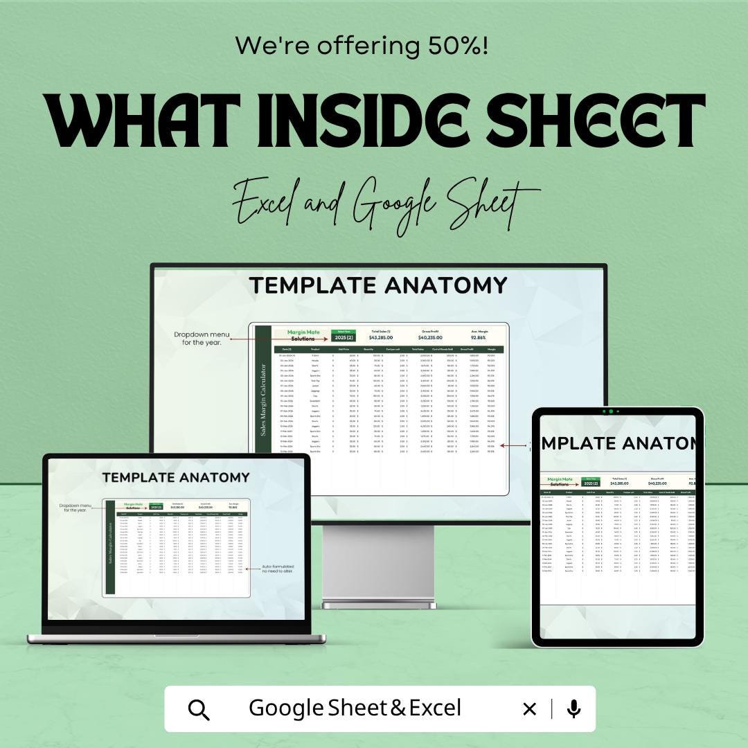 Sales Margin Calculator Template | Profit Margin Spreadsheet | Pricing and Cost Analysis Tool | Excel & Google Sheets Business Tracker