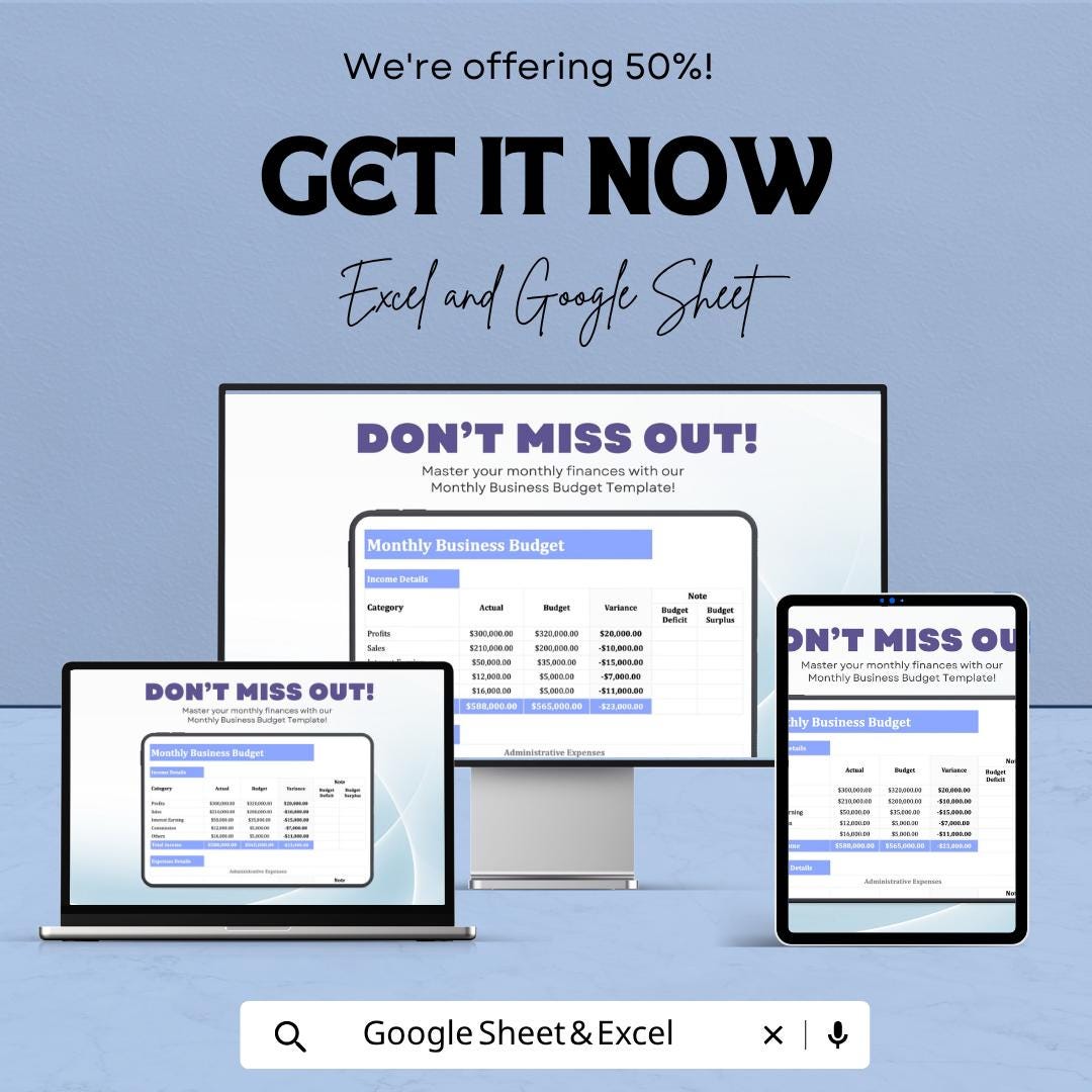 Monthly Business Budget Template | Business Budget Spreadsheet | Monthly Expense Tracker | Financial Planning Template