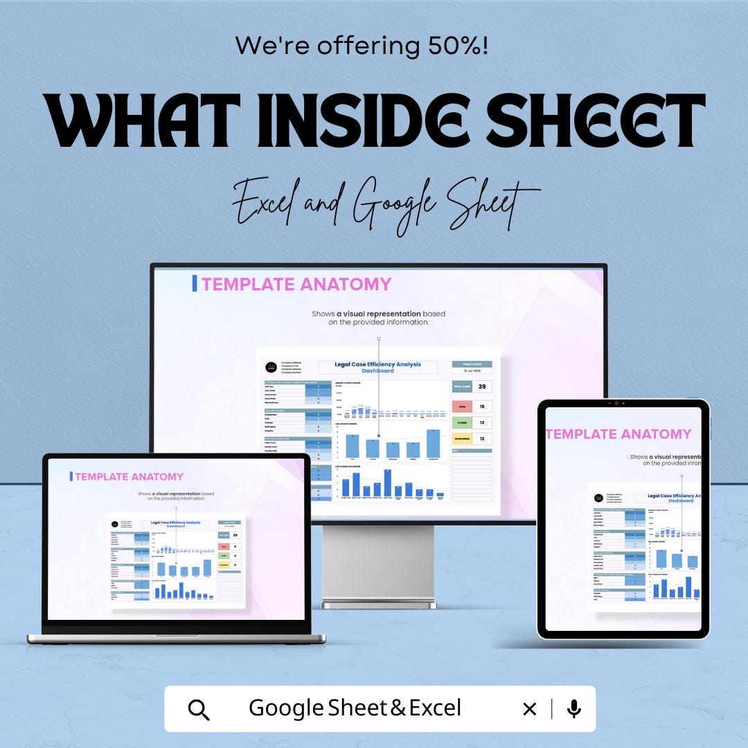 Legal Case Efficiency Analysis Dashboard - Google Sheet for Legal Case Tracking & Performance Metrics - Streamline Legal Operations