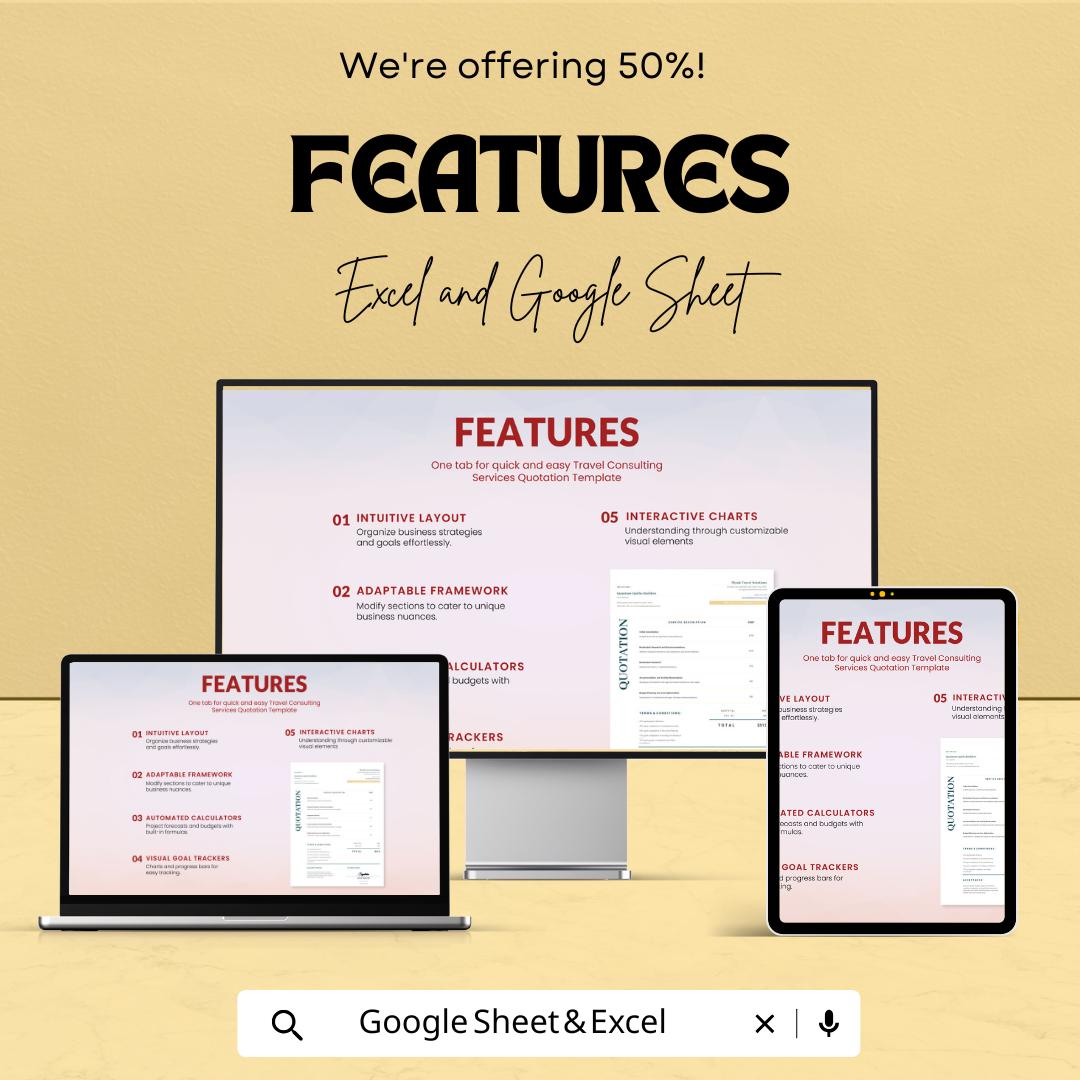 Travel Consulting Services Quotation Sheet | Excel & Google Sheets Template | Customizable Service Quote | 50% Of