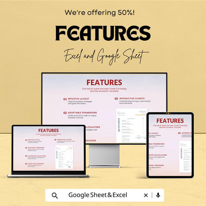 Travel Consulting Services Quotation Sheet | Excel & Google Sheets Template | Customizable Service Quote | 50% Of