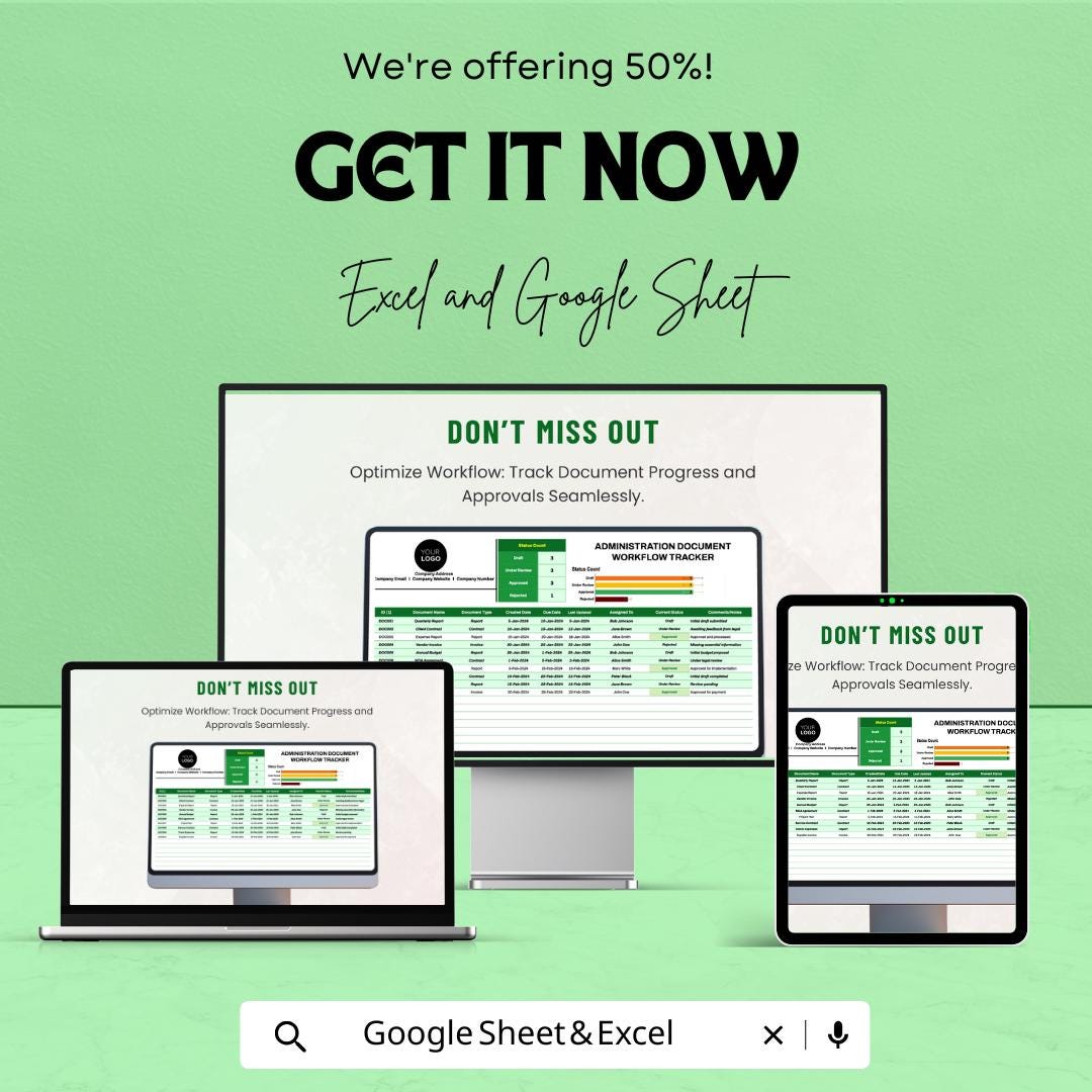 Administration Document Workflow Tracker Template | Excel & Google Sheets | Document Management System | Office Workflow Tracker