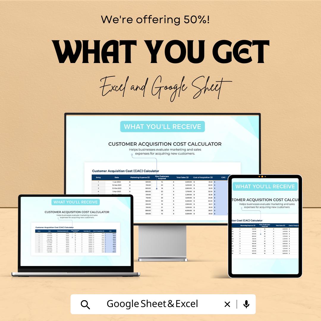 Startup Customer Acquisition Cost CAC Calculator Template | Marketing ROI Spreadsheet | Excel & Google Sheets CAC Analysis