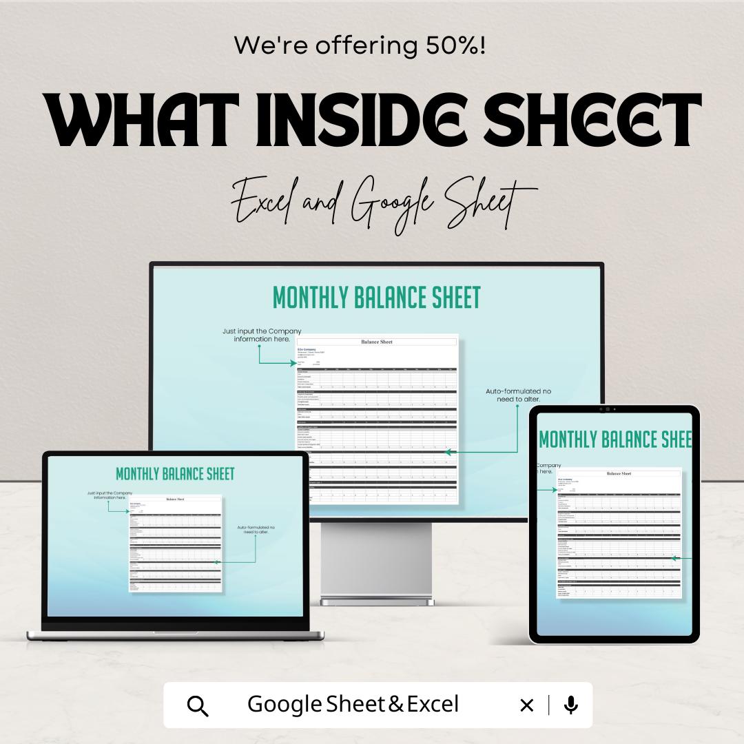 Monthly Balance Sheet | Excel and Google Sheet | 50% OFF | Financial Planning & Budget Template