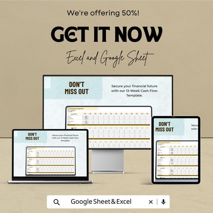 13 Week Cash Flow Template | Weekly Cash Flow Forecast Spreadsheet | Business Cash Flow Tracker | Excel and Google Sheets Financial Planner
