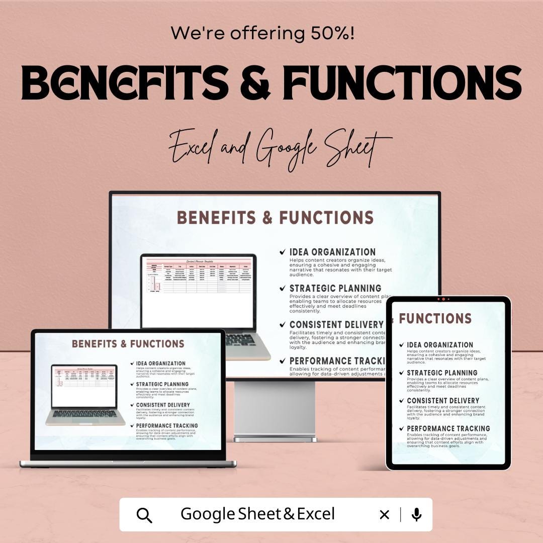 Content Planner Template | Social Media Content Calendar | Blog Planner Spreadsheet | Content Strategy Planner | Marketing Planner