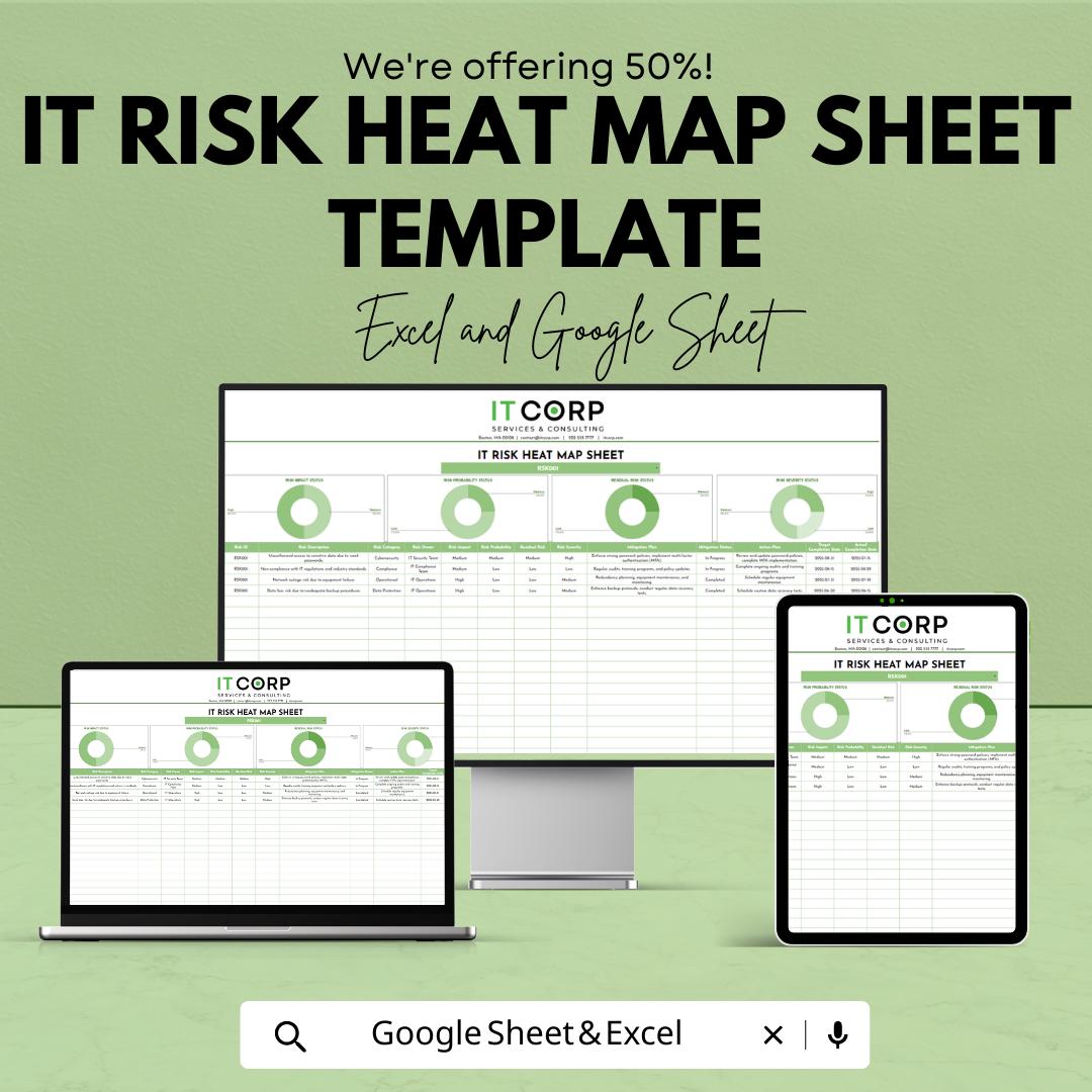 IT Risk Heat Map Template Excel, Risk Assessment Matrix Spreadsheet, Project Risk Dashboard, Risk Register Log, Google Sheets Risk Tracker