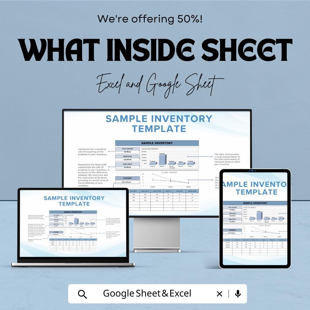 Sample Inventory Template | Excel & Google Sheets | Inventory Tracker | Stock Management | Sales Dashboard | Editable Business Spreadsheet