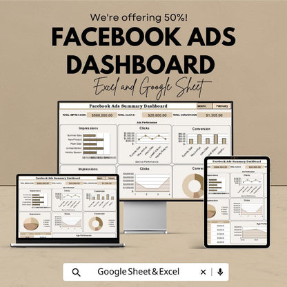 Facebook Ads Dashboard Template - Google Sheet for Facebook Advertising Insights - Marketing & ROI Tracker - Ads Performance Analysis Tool