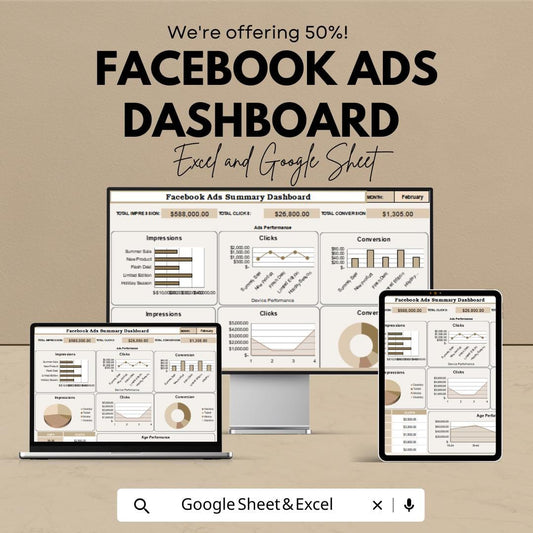Facebook Ads Dashboard Template - Google Sheet for Facebook Advertising Insights - Marketing & ROI Tracker - Ads Performance Analysis Tool