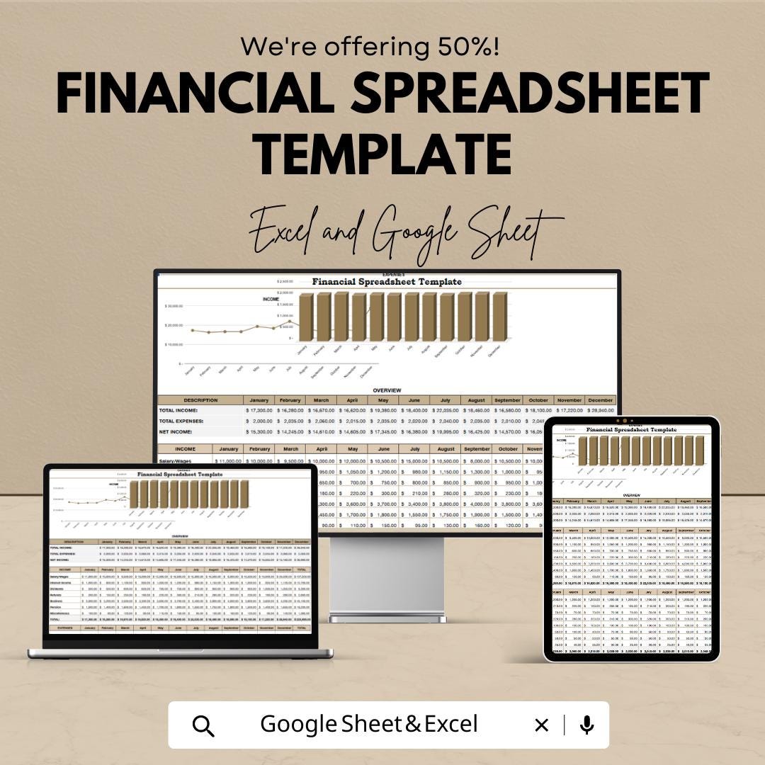 Financial Spreadsheet Template | Budget & Expense Tracker | Income Expense Spreadsheet | Monthly Finance Dashboard