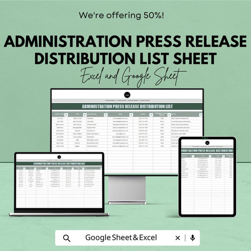 Administration Press Release Distribution List | Excel & Google Sheets Template | Media Contact Tracker | Editable Stakeholder List