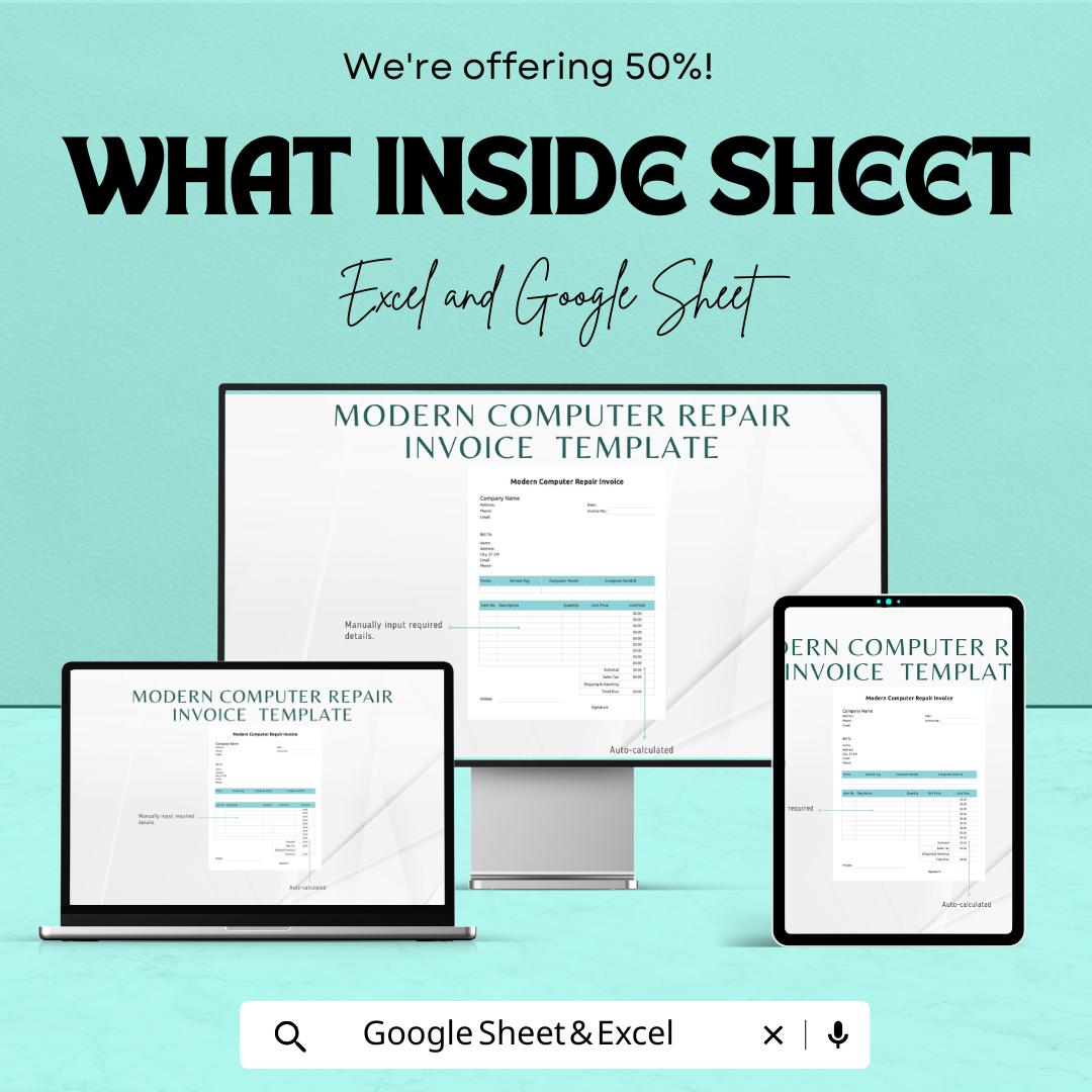 Modern Computer Repair Invoice Template |  Repair Service Billing Template | Printable Invoice Sheet | Auto Calculated