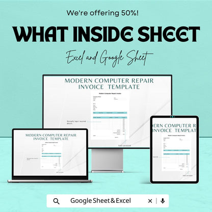 Modern Computer Repair Invoice Template |  Repair Service Billing Template | Printable Invoice Sheet | Auto Calculated