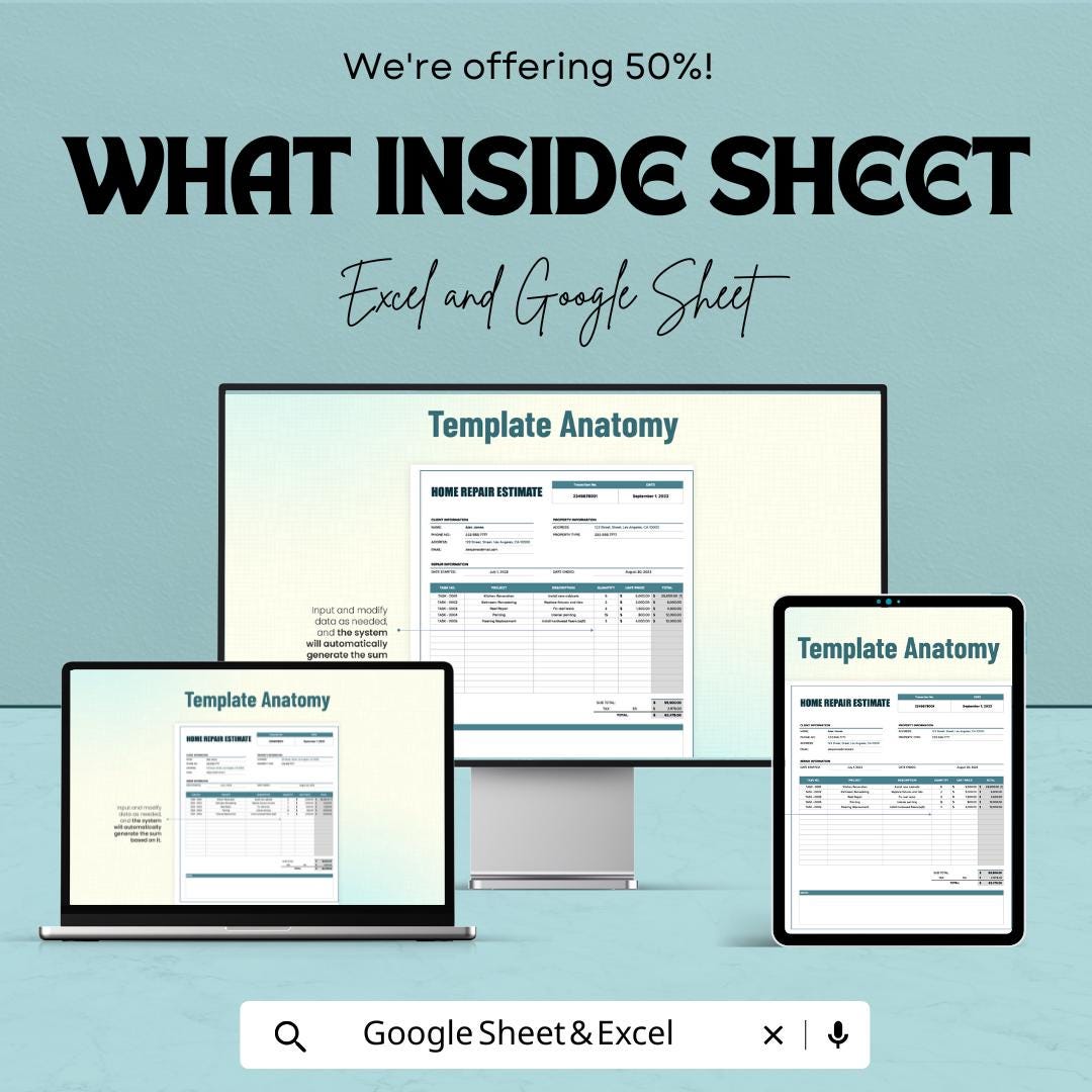 Home Repair Estimate Template | Contractor Quote Sheet | Excel & Google Sheets Estimate | Renovation Budget Planner | Editable Cost Form