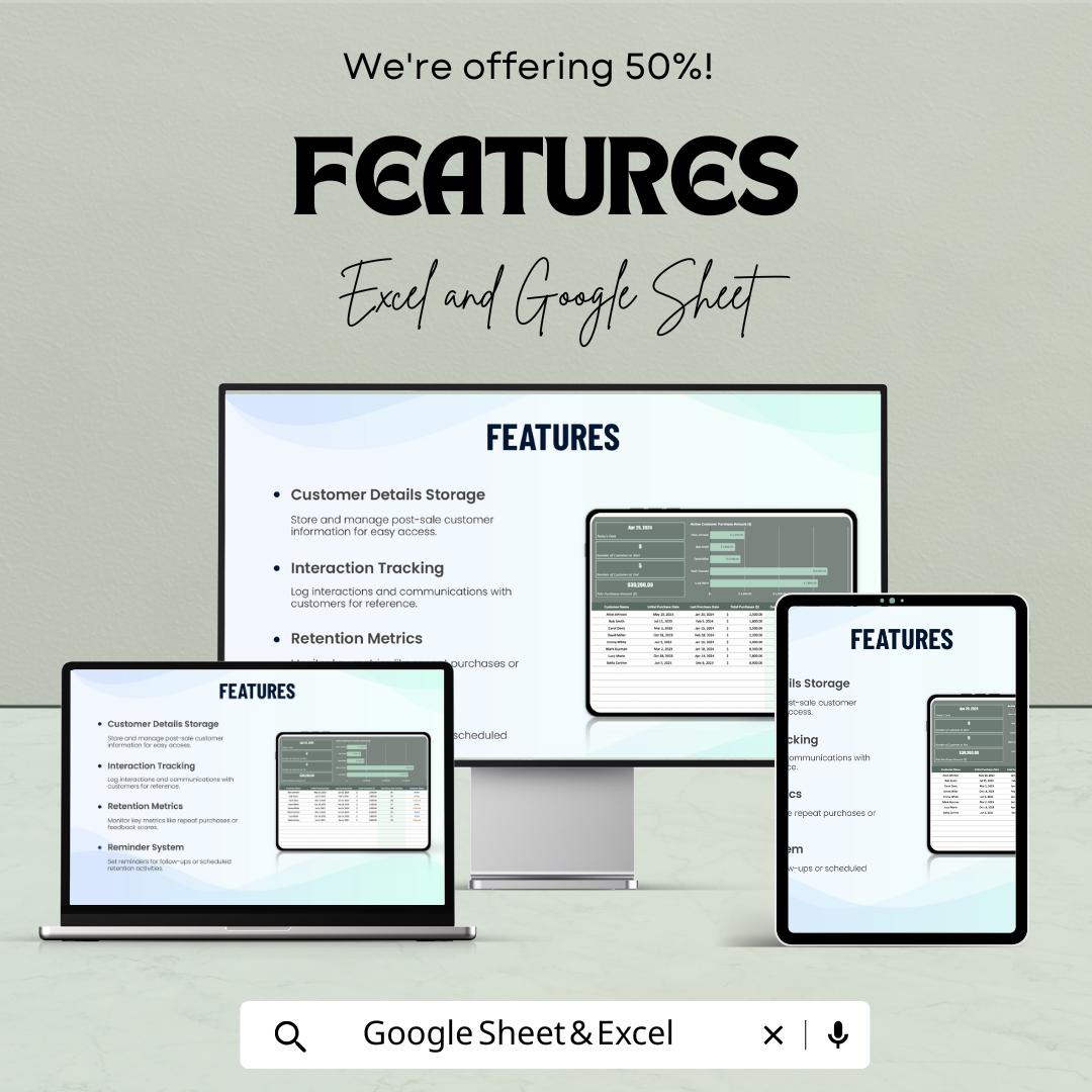 Post-Sale Customer Retention Tracker Sheet - Excel & Google Sheet | Track Customer Engagement and Retention with Automated Metrics