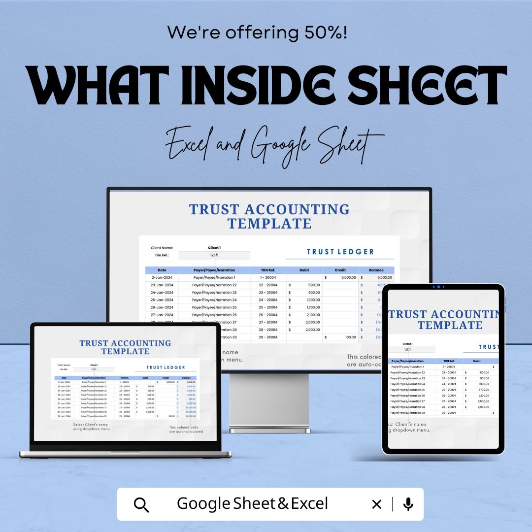 Trust Accounting Sheet | Excel and Google Sheet Template | Trust Ledger for Law Firms, Clients, Finance, Compliance & Transparency