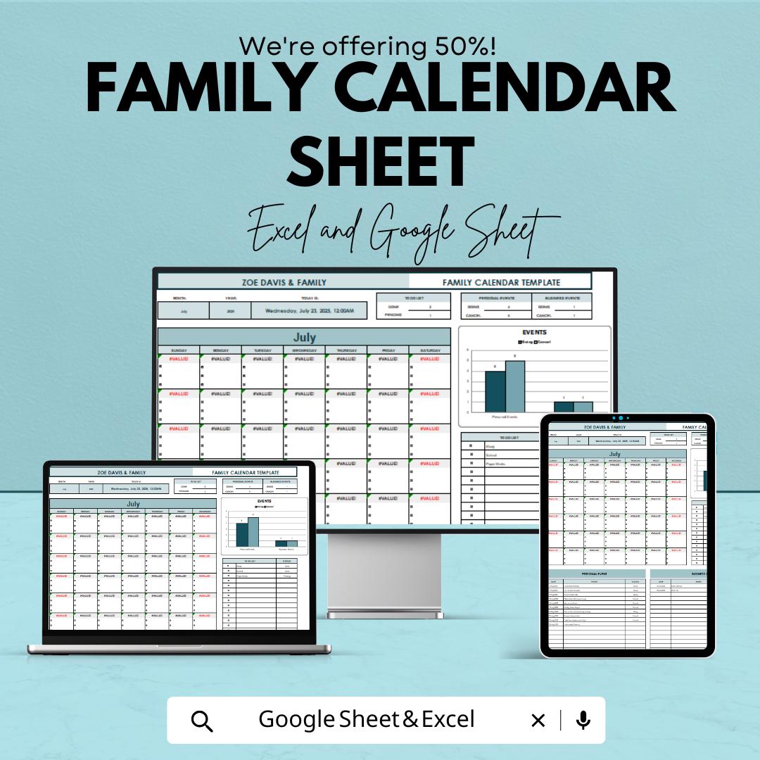 Family Calendar Sheet - Customizable Excel & Google Sheet Template for Family Organization and Event Tracking