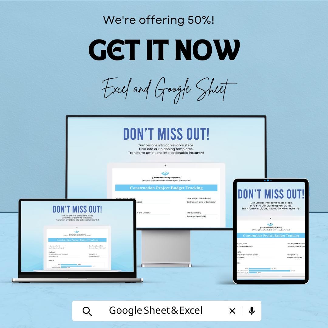 Construction Project Budget Tracking Sheet - Excel & Google Sheets Template for Construction Budget Management - 50% Off