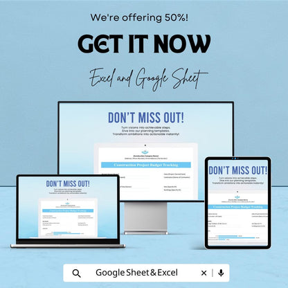 Construction Project Budget Tracking Sheet - Excel & Google Sheets Template for Construction Budget Management - 50% Off