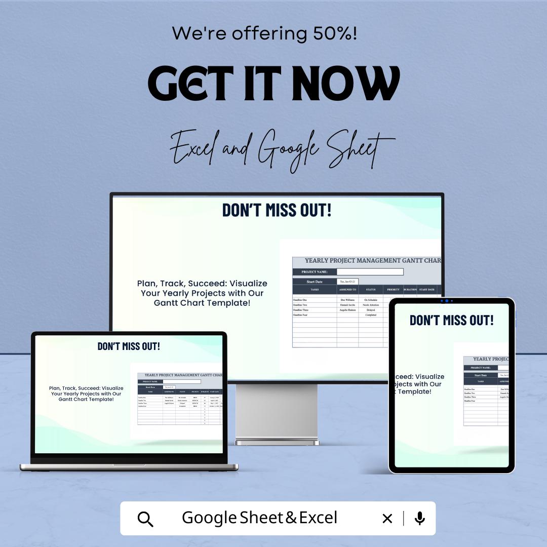 Yearly Project Management Gantt Chart Template | Excel & Google Sheets Project Planner | Annual Timeline Tracker | Task Schedule Spreadsheet