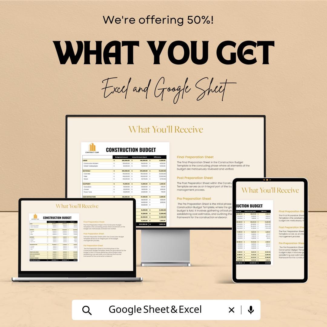 Construction Budget Spreadsheet, Project Cost Tracker, Builder Budget Template, Contractor Expense Sheet, Excel & Google Sheets Budget