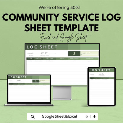 Community Service Log Sheet Template, Volunteer Hours Tracker, Service Hours Form, Editable Excel Google Sheets, Printable Community Log
