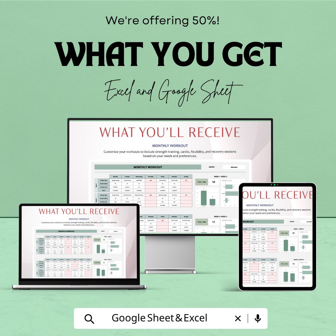 Monthly Workout Template Excel & Google Sheets | Fitness Planner Spreadsheet | Gym Tracker Dashboard | Workout Log Digital