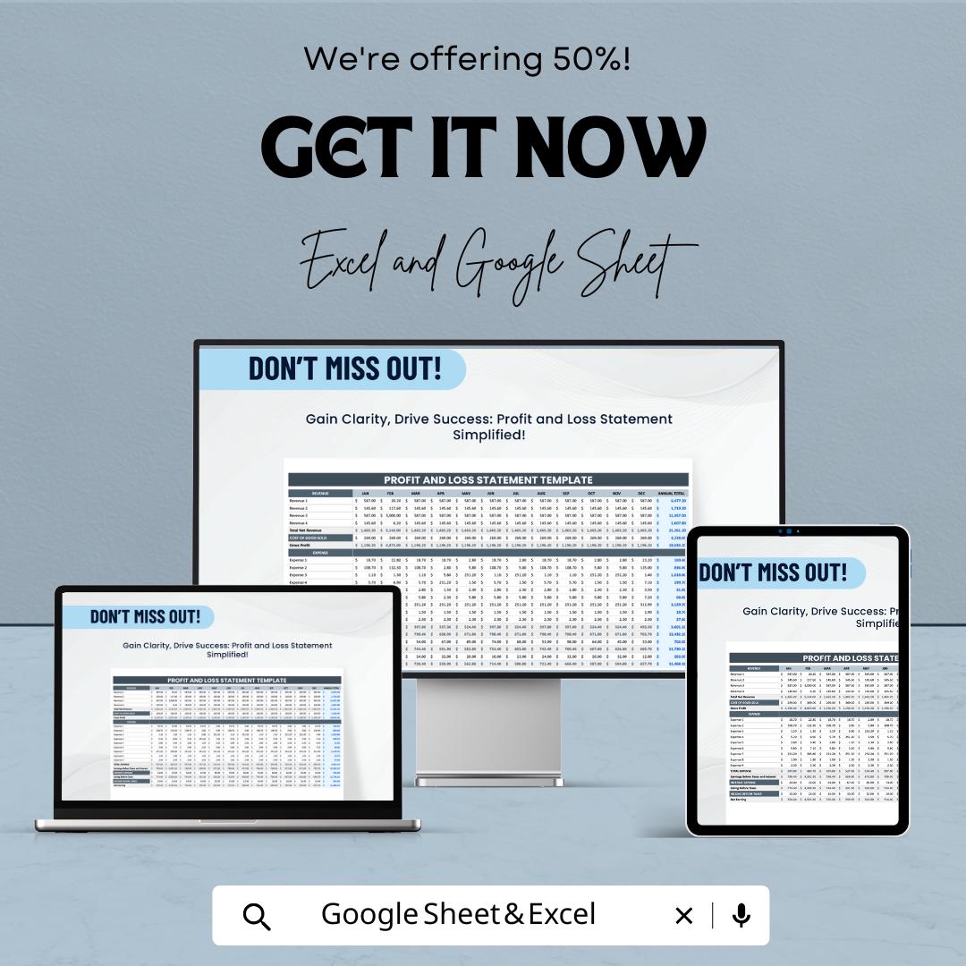 Profit and Loss Statement Template |  P&L Statement Spreadsheet | Business Finance Tracker | Editable Financial Report