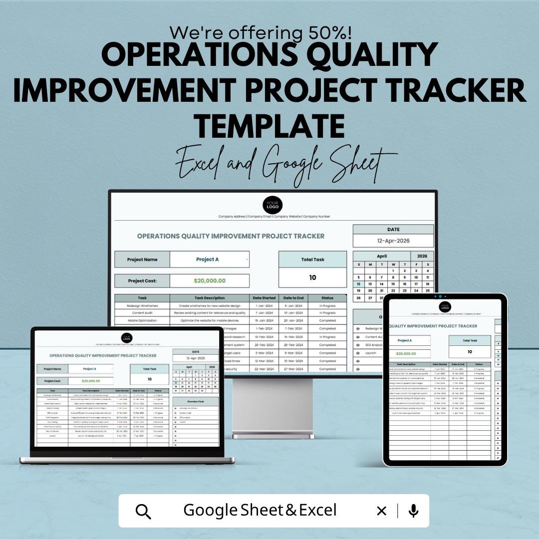 Operations Project Tracker Template | Quality Improvement Tracker | Project Management Spreadsheet | Task Tracker