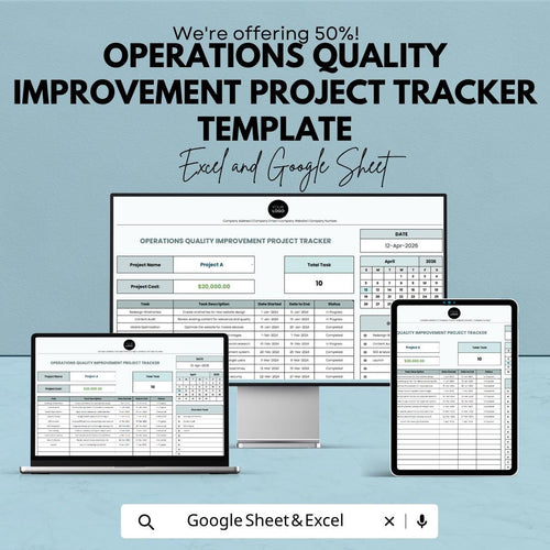 Operations Project Tracker Template | Quality Improvement Tracker | Project Management Spreadsheet | Task Tracker
