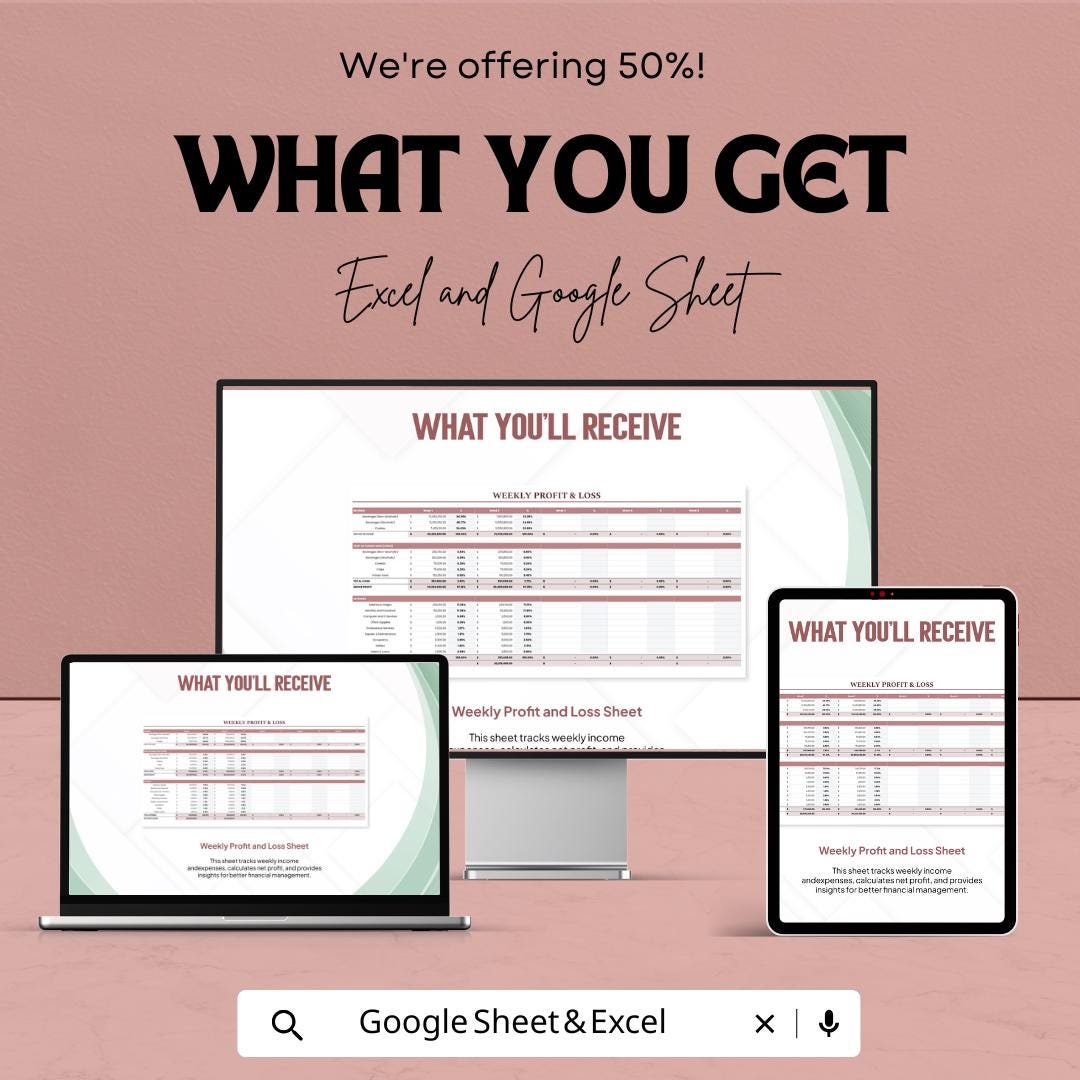 Weekly Profit and Loss Template for Excel  Google Sheets | Small Business Income & Expense Tracker | Financial Report Sheet