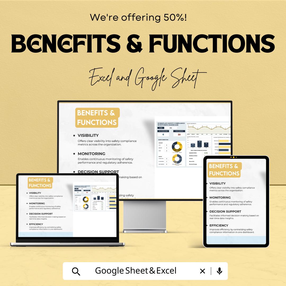 Workplace Safety Compliance Monitoring Dashboard Sheet | Google Sheet and Excel Template | Safety Tracking & Incident Management Tool