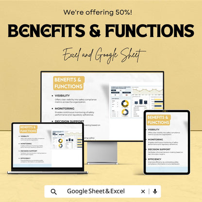 Workplace Safety Compliance Monitoring Dashboard Sheet | Google Sheet and Excel Template | Safety Tracking & Incident Management Tool