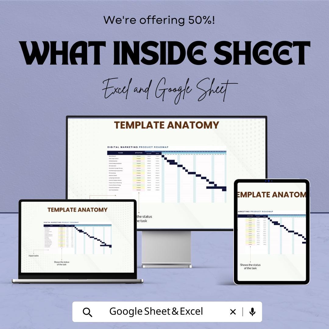 Digital Marketing Product Roadmap Template | Marketing Project Planner Spreadsheet |  Marketing Roadmap | Campaign Timeline Tracker