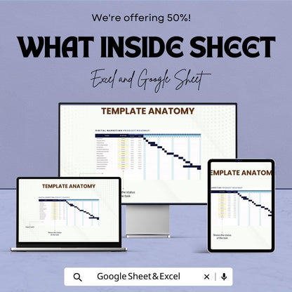 Digital Marketing Product Roadmap Template | Marketing Project Planner Spreadsheet |  Marketing Roadmap | Campaign Timeline Tracker
