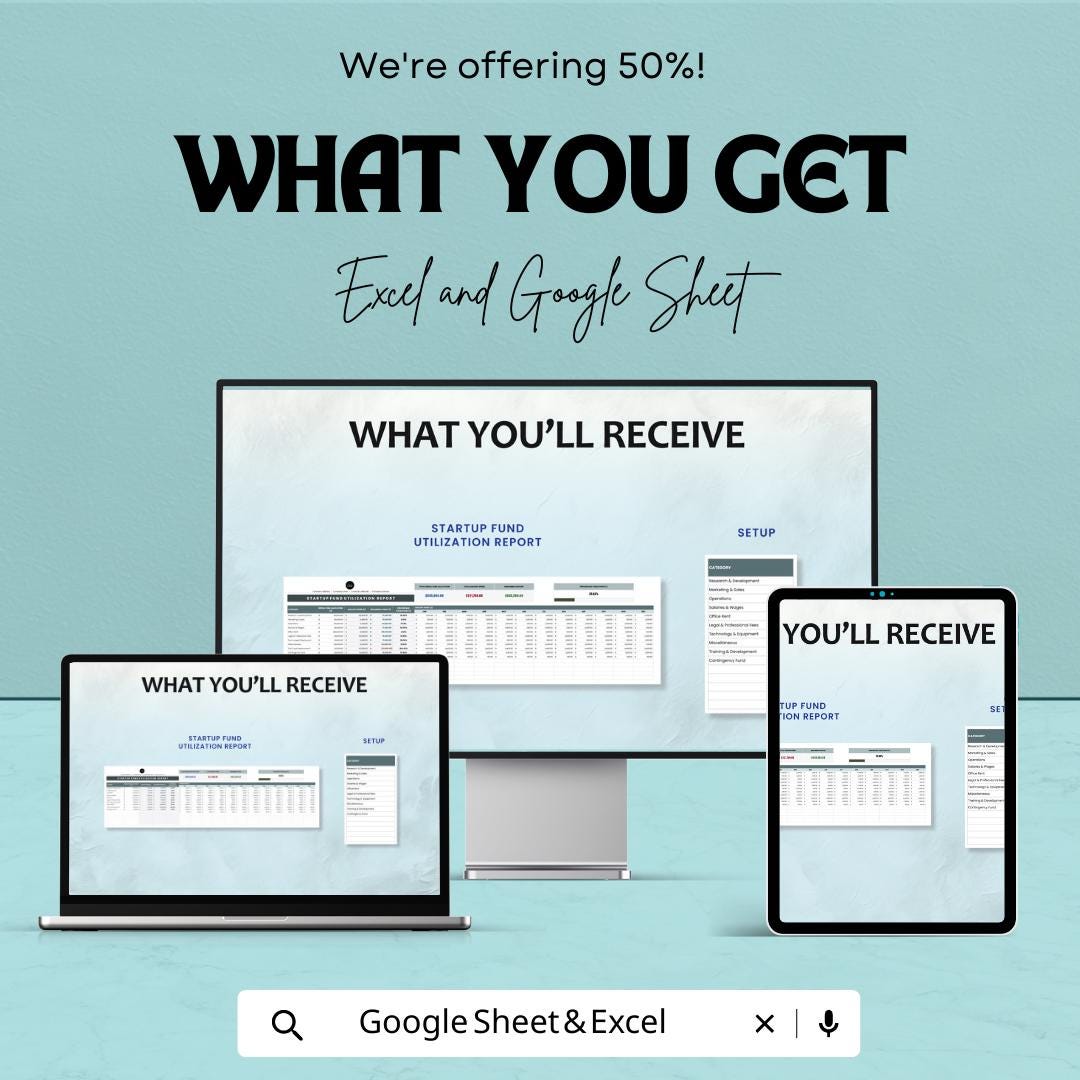 Startup Fund Utilization Report Template | Excel & Google Sheets | Startup Budget Tracker | Business Expense Report | Investor Fund Tracking