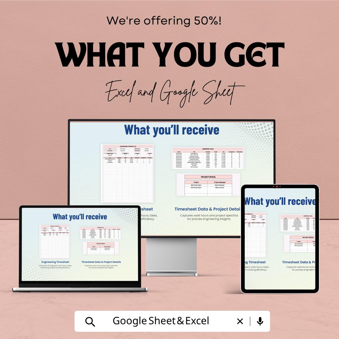Engineering Timesheet Template | Project Time Tracking Spreadsheet | Task Management Log | Payroll Tracker