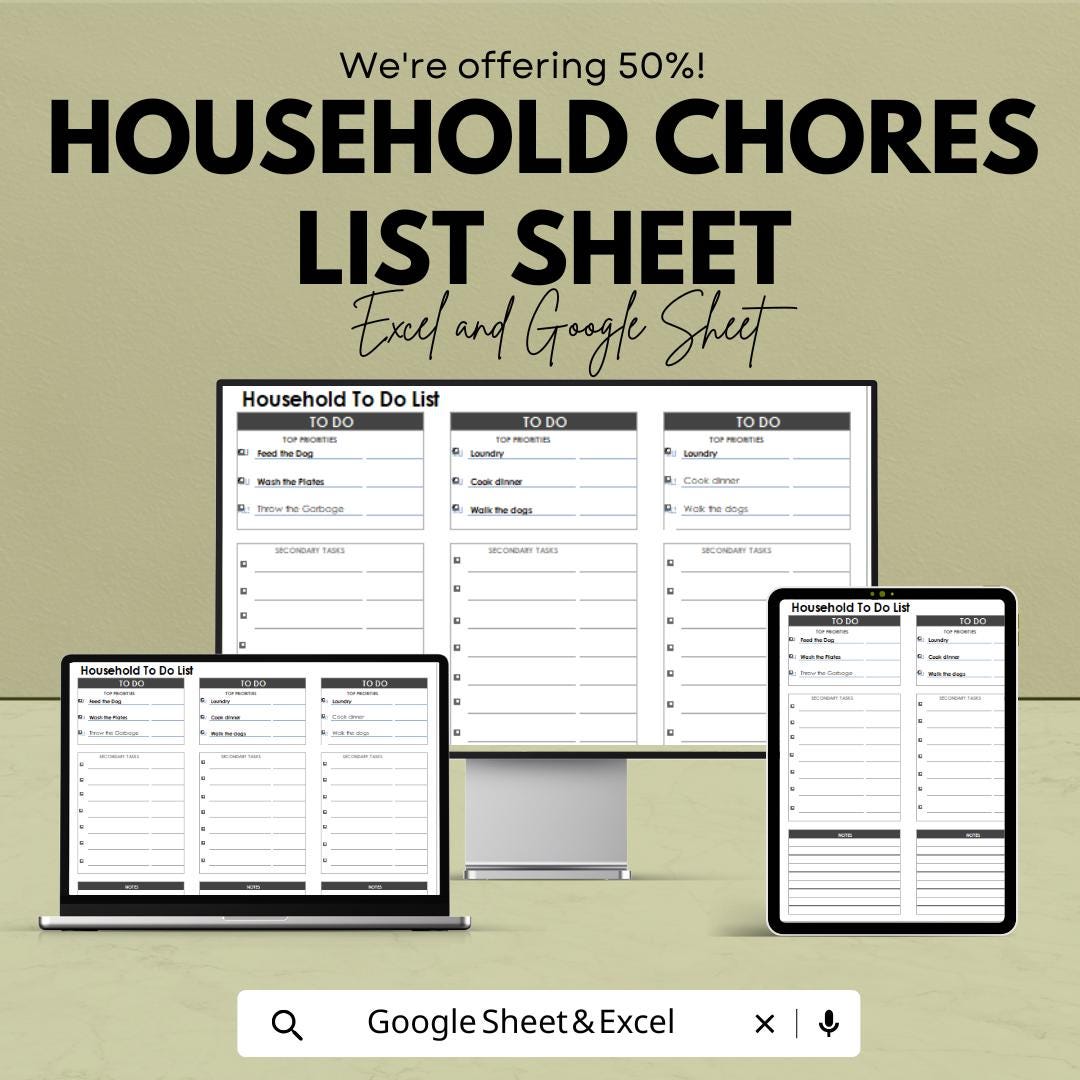 Household Chores List Sheet | Excel & Google Sheets | To-Do List, Home Management, Task Organizer