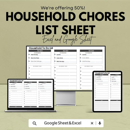 Household Chores List Sheet | Excel & Google Sheets | To-Do List, Home Management, Task Organizer