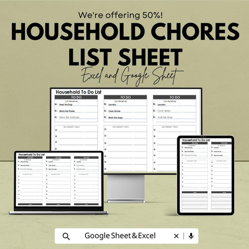 Household Chores List Sheet | Excel & Google Sheets | To-Do List, Home Management, Task Organizer
