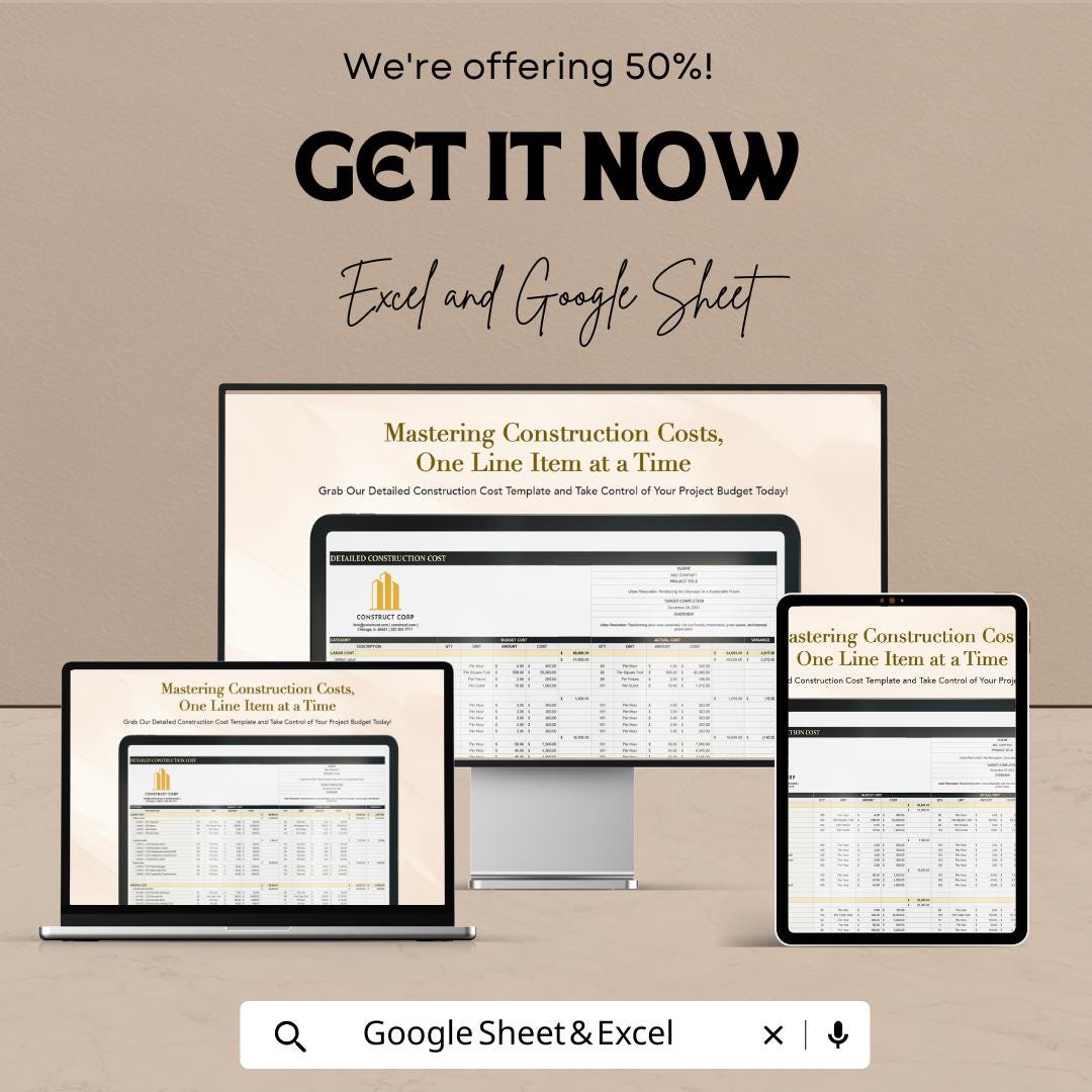 Detailed Construction Cost Template | Construction Budget Spreadsheet | Cost Breakdown and Variance | Excel & Google Sheets
