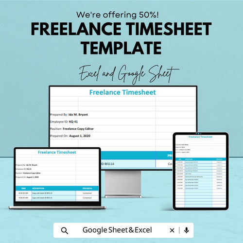 Freelance Timesheet Template | Excel and Google Sheets | Time Tracking Spreadsheet | Work Log | Project Hour Tracker | Editable Sheet