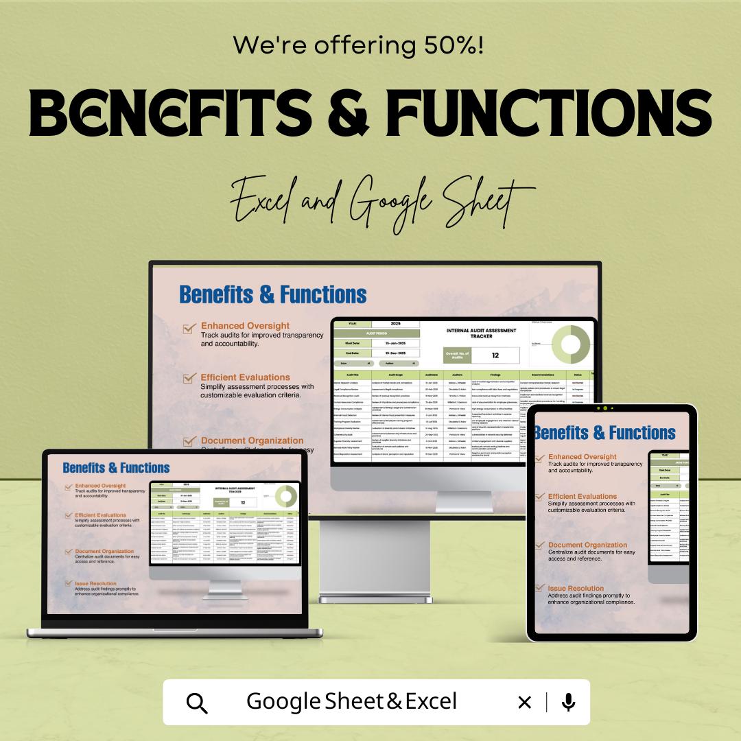 Internal Audit Assessment Tracker Template, Audit Log Spreadsheet, Compliance Audit Tracker, Risk Assessment Tool, Excel Google Sheets