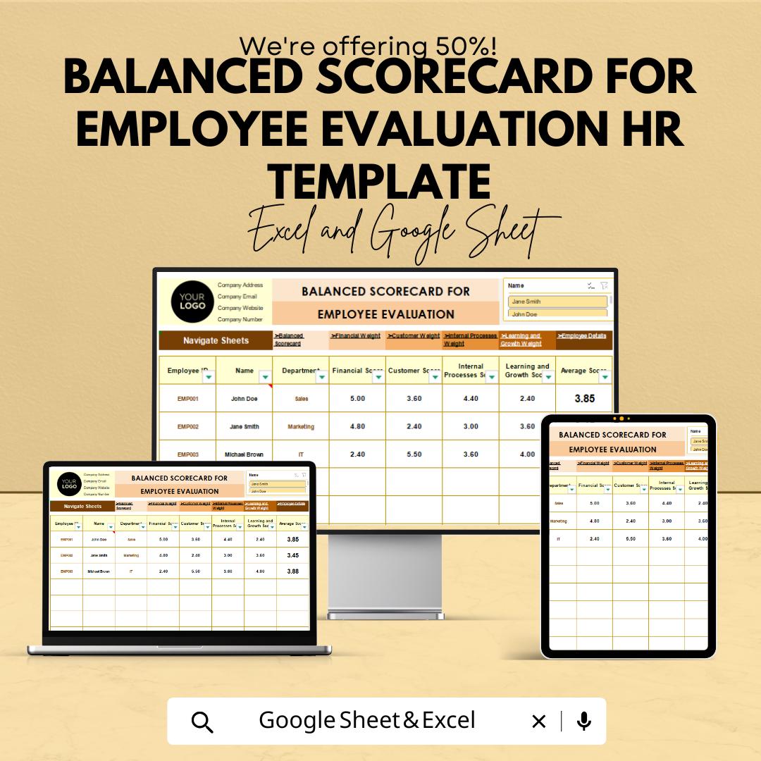 Balanced Scorecard for Employee Evaluation HR Template | Performance Review | KPI Dashboard | Staff Appraisal Tracker