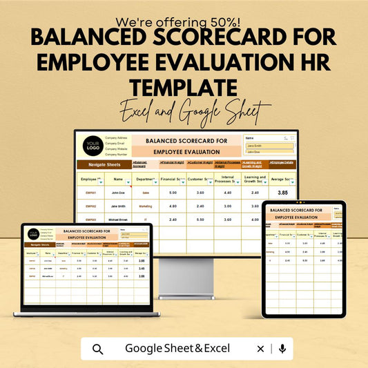 Balanced Scorecard for Employee Evaluation HR Template | Performance Review | KPI Dashboard | Staff Appraisal Tracker