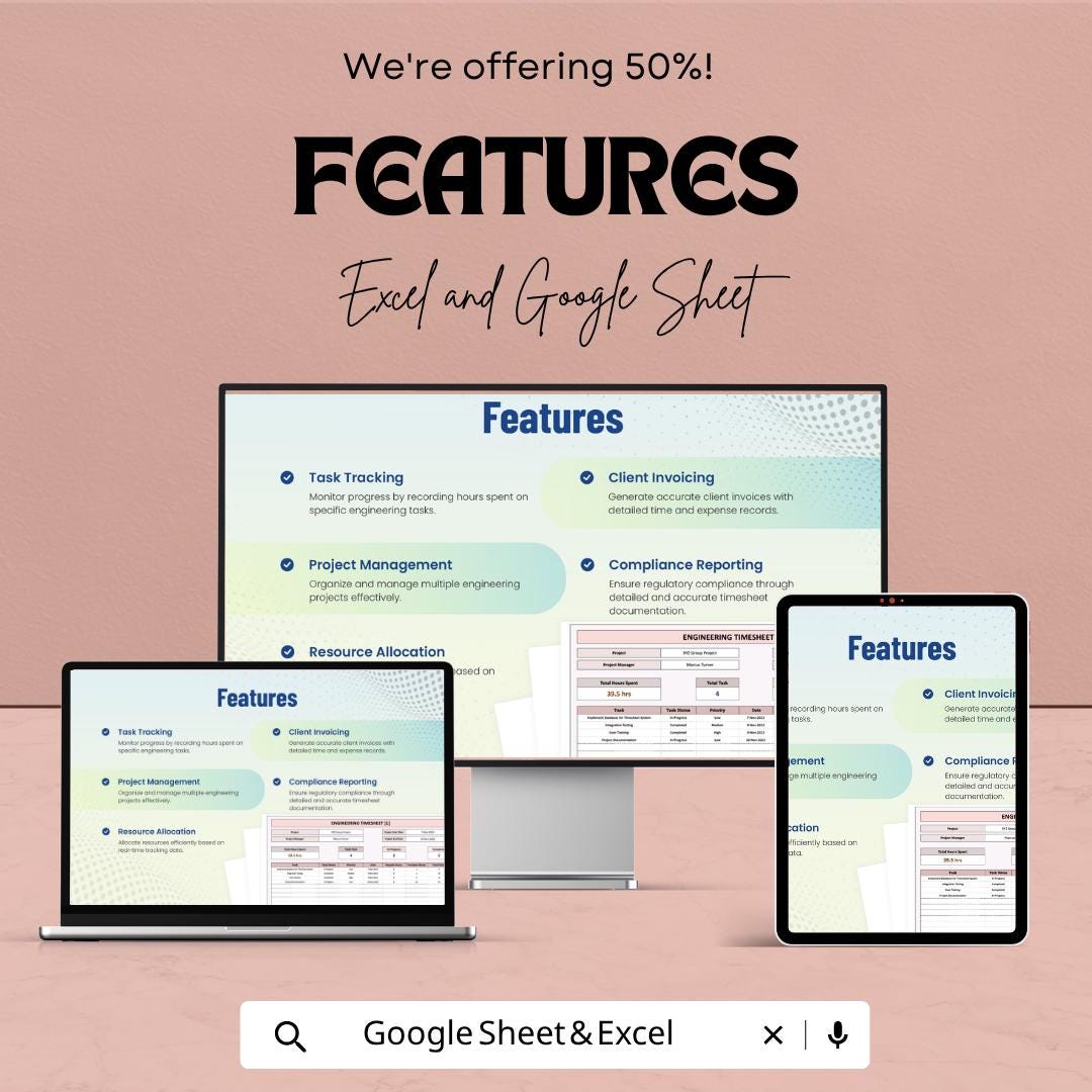 Engineering Timesheet Template | Project Time Tracking Spreadsheet | Task Management Log | Payroll Tracker