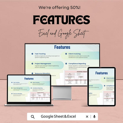 Engineering Timesheet Template | Project Time Tracking Spreadsheet | Task Management Log | Payroll Tracker